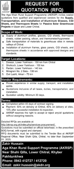 Aga Khan Rural Support Programme KPK Tender Notice